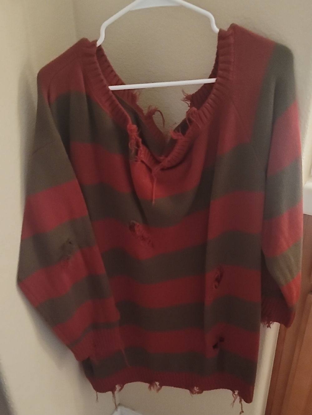 Chic Off-the-Shoulder Striped Red and Brown Freddy Krueger Inspired Sweater ❤️🤎